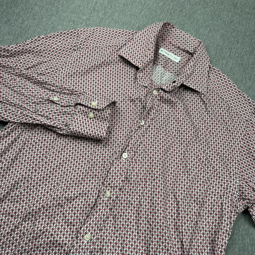 Etro Button Up Long Sleeve Shirt Mens 41 Large Red Geometric Print Italy